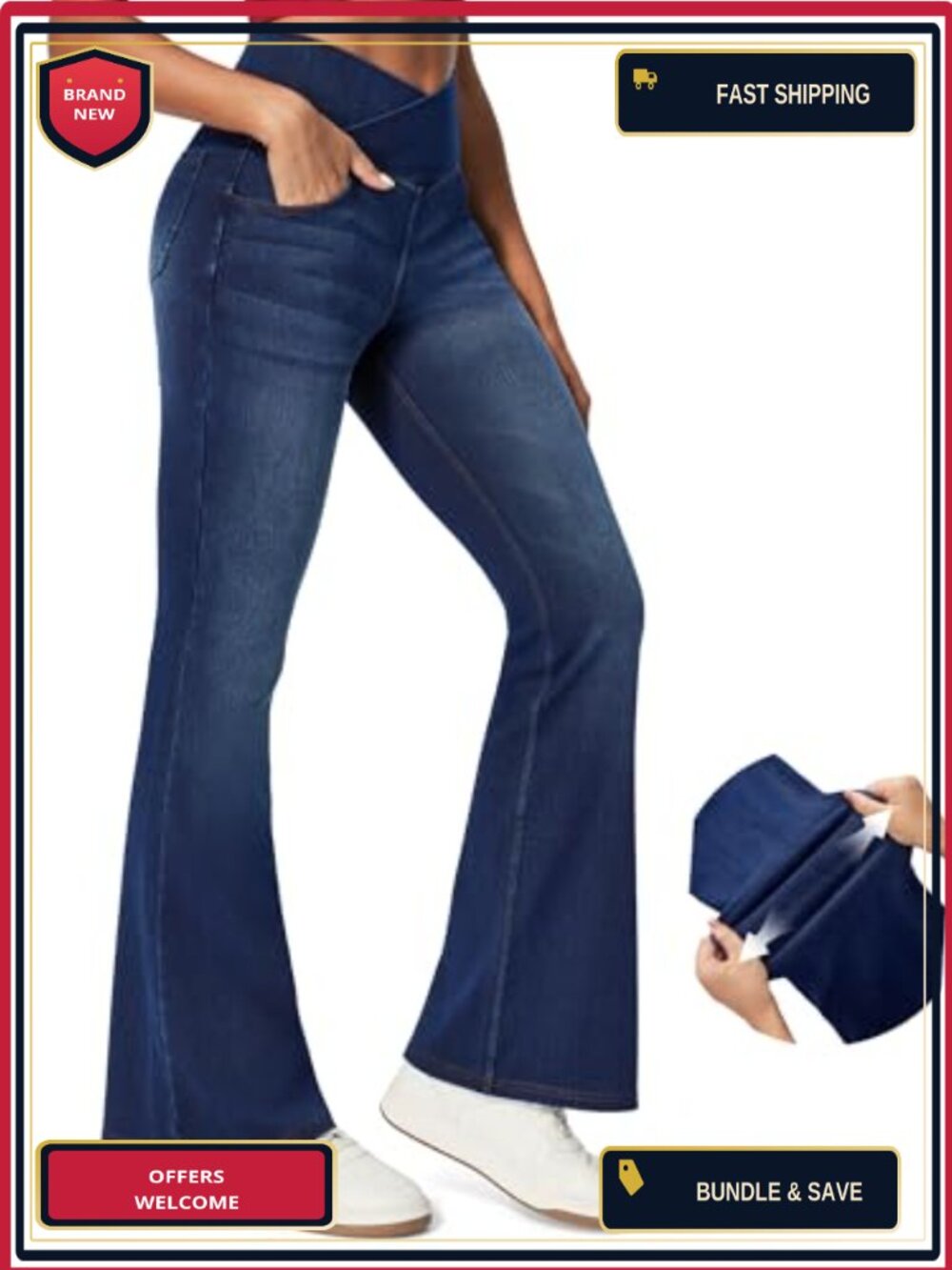 V-Cross Flare Bell Bottom Jeans High Rise Stretch Pull On Tummy Control